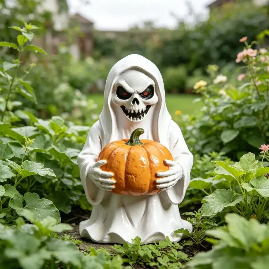 Halloween Ghost with Pumpkin Statue, Spooky Reaper Figurine Holding, Creepy-Cute Resin Sculpture for Outdoor Garden, Lawn,Halloween Ghost with Pum