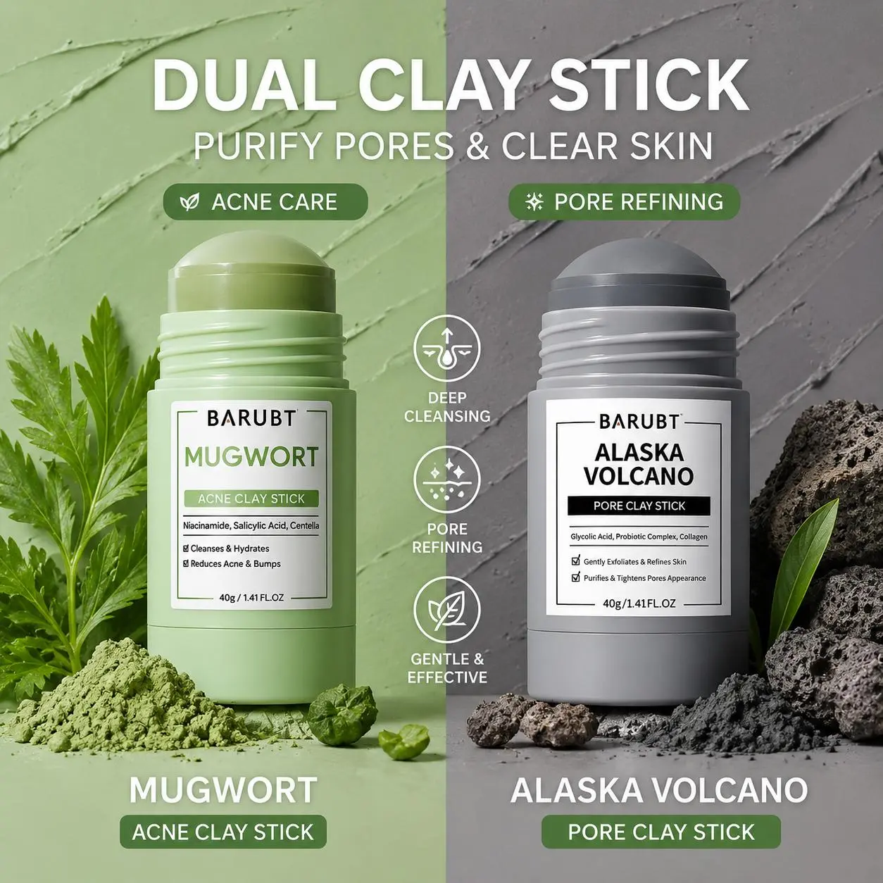 Clay Stick Collection 4 Masks for Every Skin Concern - Alaska Volcano Clay Stick / Mugwort Anti Pores & Acne Clay Stick / Niacinamide Bright Boost Clay Stick