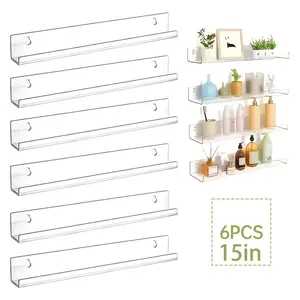 6-Pcs Transparent Acrylic Wall-Mounted Floating Shelving Unit - Sturdy Vinyl Base Frame, Space-Saving Storage And Display Rack Suitable for Bathrooms, And Kitchens, for Displaying Decorative Items, Cosmetics, Records, Books, Modern