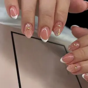 24pcs Spring Elegant Fake Nails, Nude French Edge Drills, Mother-Of-Pearl Texture, All-Scene Compatible