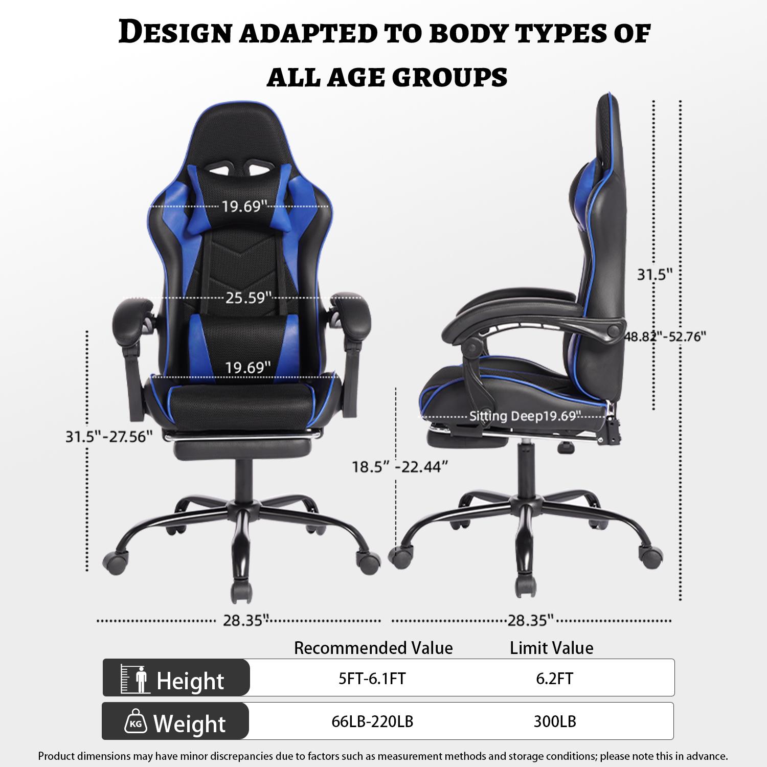 Video Game Chair Gaming Chair with Footrest, Ergonomic Computer Chair with Headrest,Lumbar Support Comfy Chair Recliner with Headrest, Fixed Up Armrest, Height Adjustable with 360° Swivel, for Adults