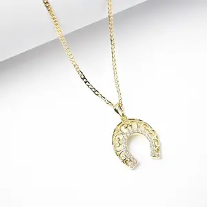 14K Gold Plated Lucky Horseshoe Necklace with 2mm Chain 16 18 22 Elegant Design Featuring Clear Stone Accents and Open Scroll Detailing