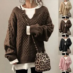 Casual Knitted Top Sweater Women's Knit Cable Knit Fashion V-Neck Pullover Sweater(Single sweater without inner layer)
