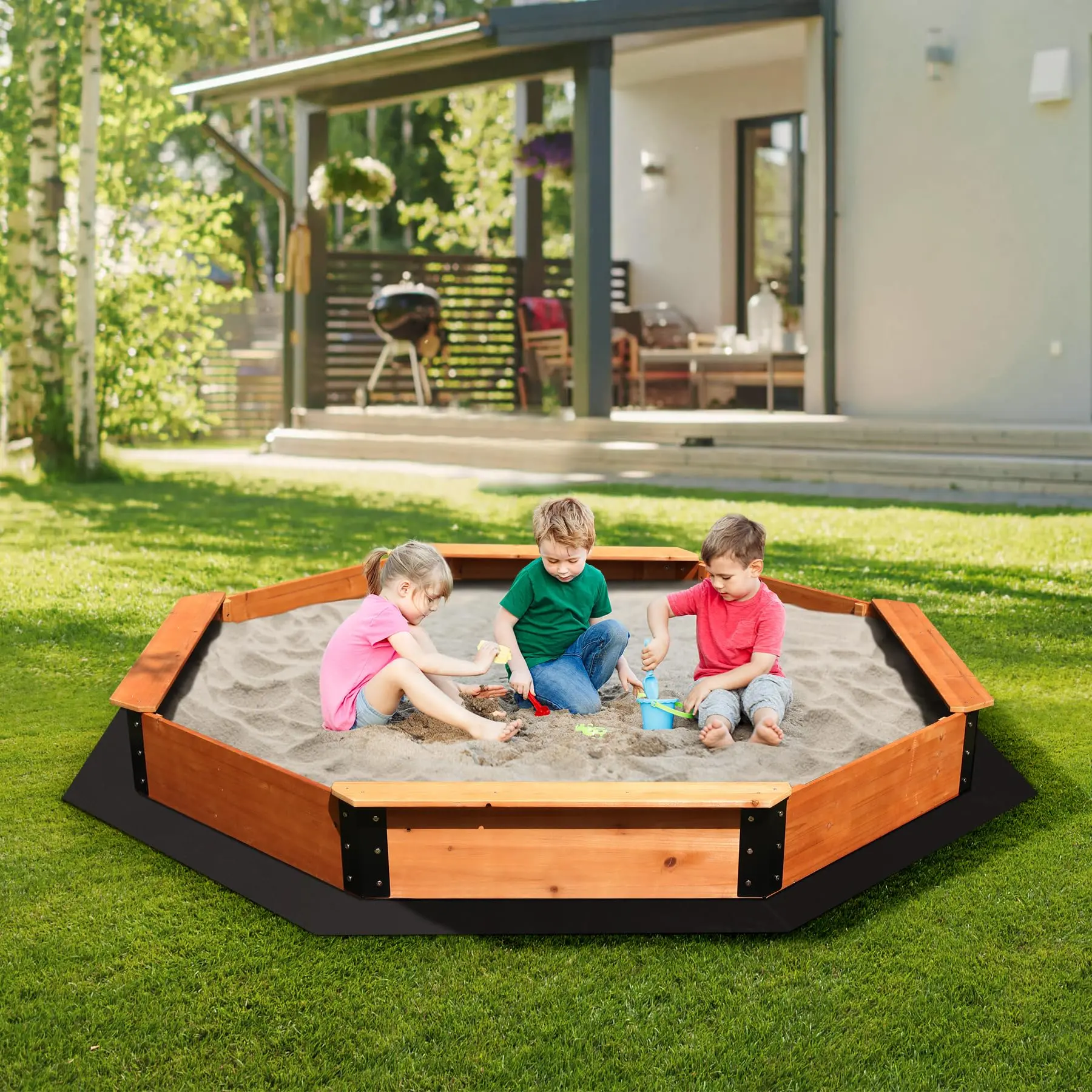 FUNTOK 85''x85''x9'' Octagon Sandbox for Kids, Large Natural Wooden Sandpit with 4 Benches, Bottom Liner, PVC Cover, 198 Lbs Weight Capacity, Sand Box for Backyard, Patio, Outdoor Play