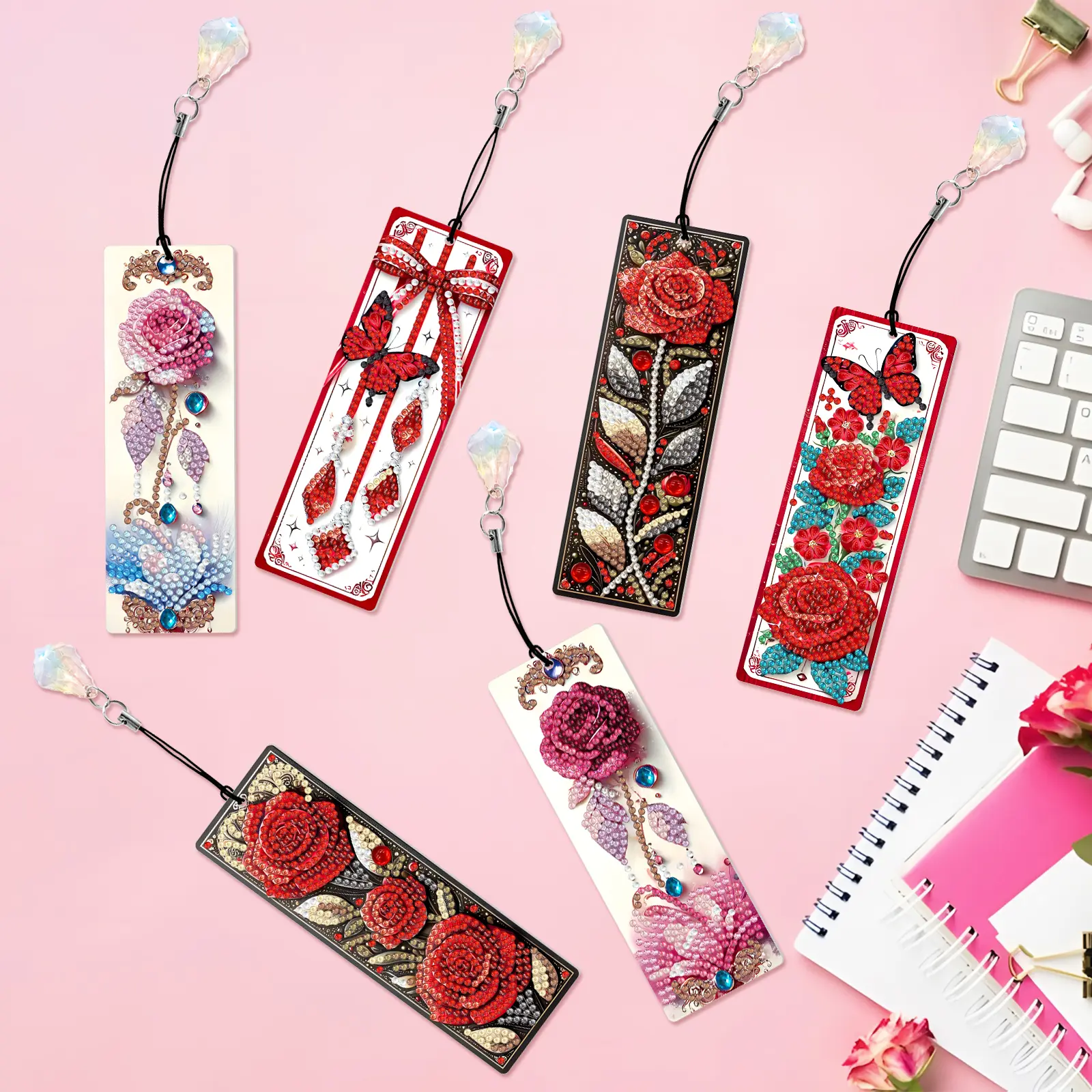 6Pcs 5D DIY Diamond Art Bookmarks - Romantic Rose & Butterfly Designs, Crystal Pendant Included, Book Accessory Kit for DIY Needlework Enthusiasts, Thoughtful Gift