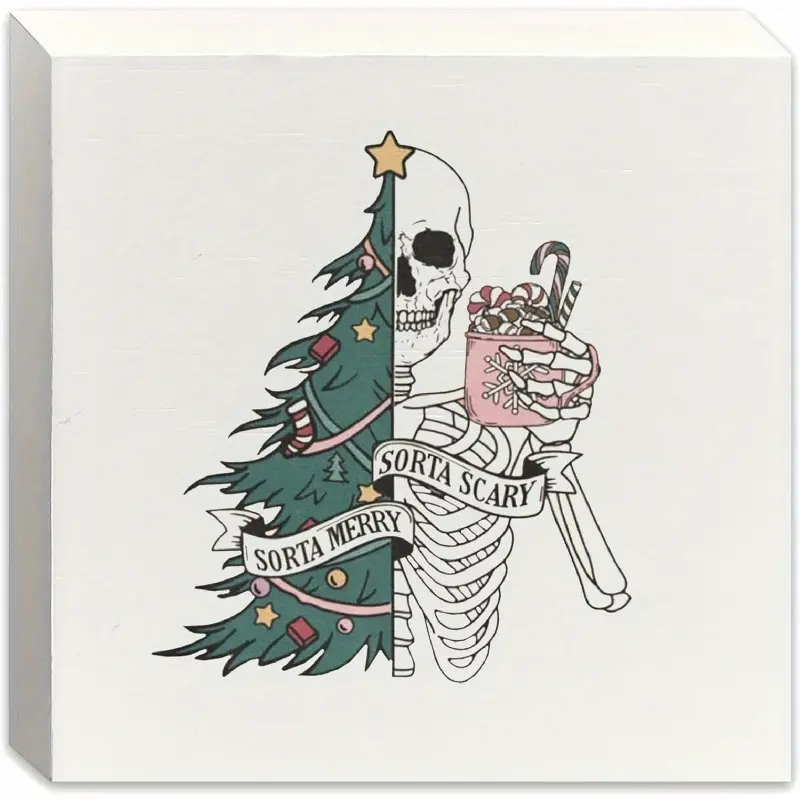 Sorta Merry Sorta Scary Funny Christmas Skeleton Wooden Box Sign, Gothic Christmas Decor, Home Office Desk Table Tabletop Shelf Decor, Gothic Home Decor, 5x5 Inch