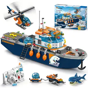 Homtas Polar Ship Building Set - Arctic Explorer Ship Toy Set with Helicopter, Snowmobile, Iceberg, Movable Polar Bear & Hidden Storage - 482PCS STEM Building Kit for Kids 6-10, Adventure & Treasure Hunting Toy for Boys and Girls