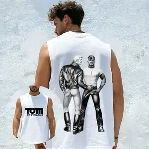 Men's Tom of Finland B&W Leather Portrait Tank Top - Bold Gay Art Graphic Muscle Tee - Premium White Sleeveless Shirt for Street Style