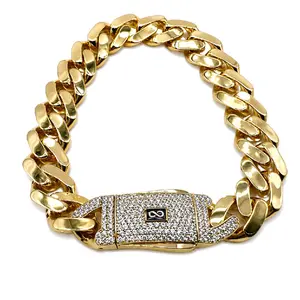 MONACI 14K Yellow Gold Hollow Cuban Bracelet 8" Inches 13MM Cubic Zirconia Lock Handcrafted in New York City Daily Wear Jewelry