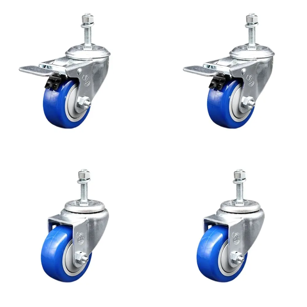 212 MAIN Polyurethane Swivel Threaded Stem Caster Set of 4 - 3x1.25 in Lockable Wheels, 0.38 in Stems, 2 Total Locking Brakes, Blue, Model SCC-TSTTL20S314-PPUB-BLUE-381615-2-S-2 for Concrete/Tile/Wood Material Handling, Shop Projects