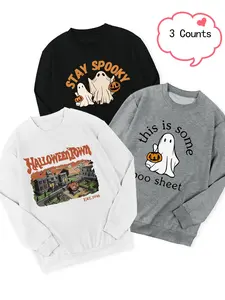Women's Halloween Cartoon Ghost & Pumpkin & Letter Print Sweatshirt, Casual Long Sleeve Round Neck Pullover for Daily Wear, Women's Clothing for Spring