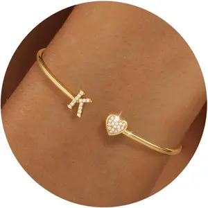 Gold Initial Bracelets for Women Non Tarnish Dainty 14k Gold Plated Heart Initial Bracelet Letter A-Z Personalized Adjustable Bangle Bracelets Name Cuff Bracelet Birthday Gifts for Women Jewelry