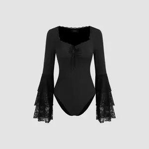 Women's Cider Rib Sweetheart Bodysuit with Knotted Lace, Layered Sleeves, Size 0-26
