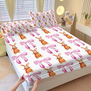 Coquette Bunny Bow Fitted Sheet Set, 1 Fitted Sheet + 2 Pillowcases, Cute Rabbit with Pink Bow Print Bedding, Cozy Microfiber Bed Linen, Perfect Gift for Girls