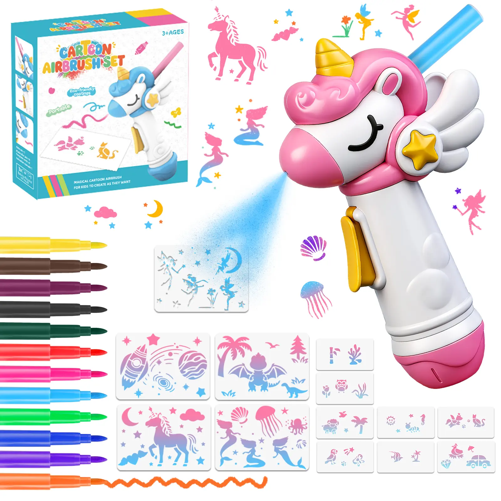 #Summervibes Upgraded Kids Marker Airbrush Spray Art Kit, with 12 Washable Markers & 8 Stencils, Battery-Powered Sprayer, DIY Craft Set for Kids, Gift for Boys & Girls, Ages 6+