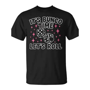 GGOR Retro Bunco T-Shirt - "It's Bunco Time Let's Roll" Graphic Tee with Bunco Dice, Machine Washable Casual Round Neck Shirt Suitable for Bunco Nights, Themed Events & Bowling Outfits