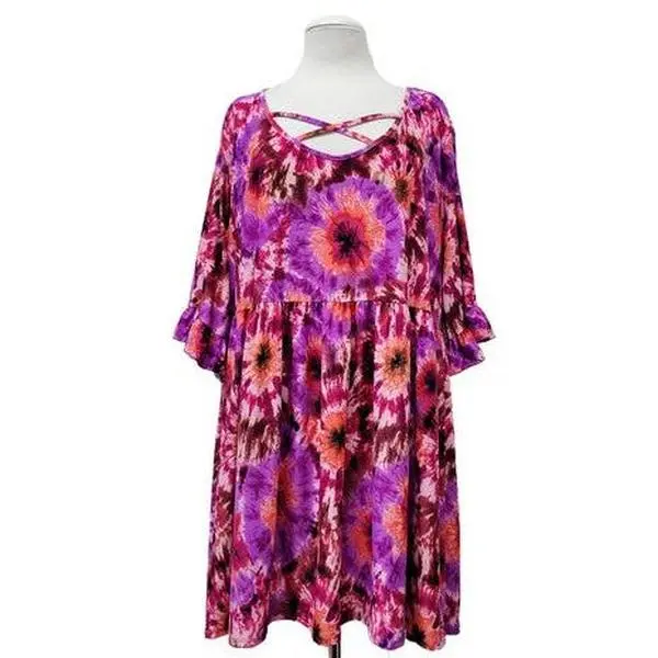 Purple Tie Dye Tunic Shirt for Women with Criss-Cross Neckline, Casual Stretchy Long Sleeve Blouse, Gorgeous, Print, Stretchy Fabric, Tunic Length, Criss Cross Neck, Tunic Cut