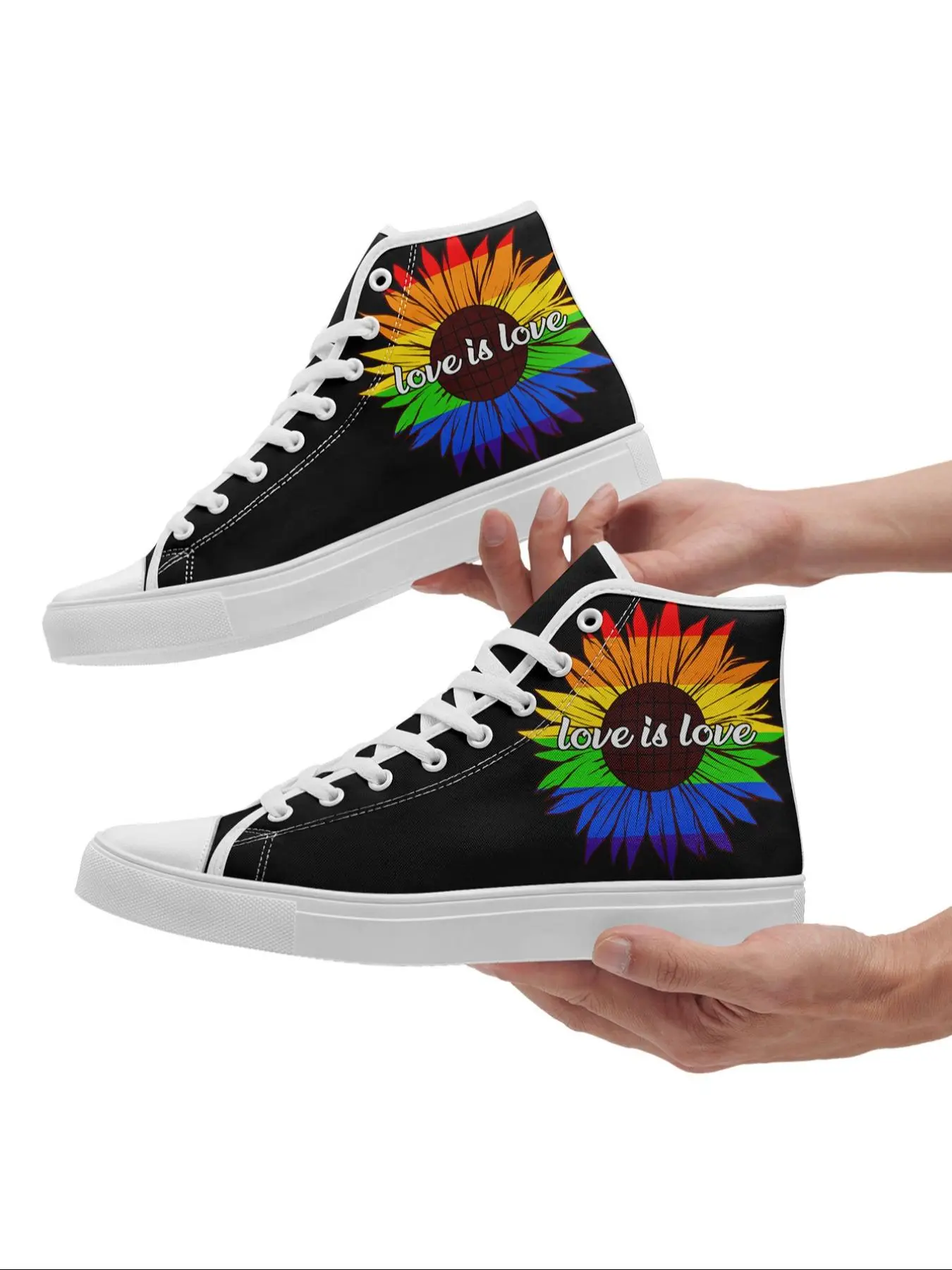 Random Rainbow Flower Design High Top Sneakers, Fashionable Lace Up Front Chunky Sneakers, Comfortable Durable Sole for All-season Wear
