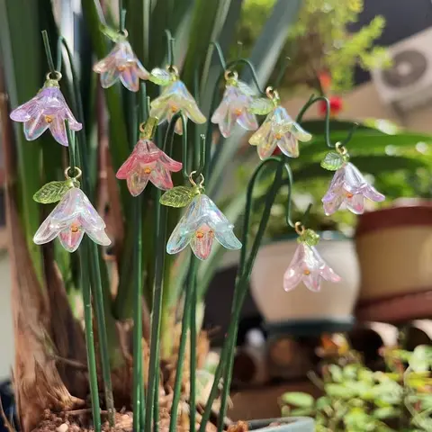 10pcs Pendant & 10pcs Pole Garden Decorative Stakes, Garden Accessory, Garden Supplies, Artificial Lily & Lily of the Valley Flowers, for Outdoor Potted Plants & Decorative Landscaping, Succulent Bonsai Decor & Miniature Models