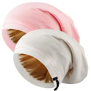 Silk Satin Bonnet Hair Wrap for Sleeping, 2 Pcs Adjustable Silk Bonnets for Women Men Sleep Cap Silk Lined Slouchy with Adjustable Strap Curly Hair Head Scarf Night Caps