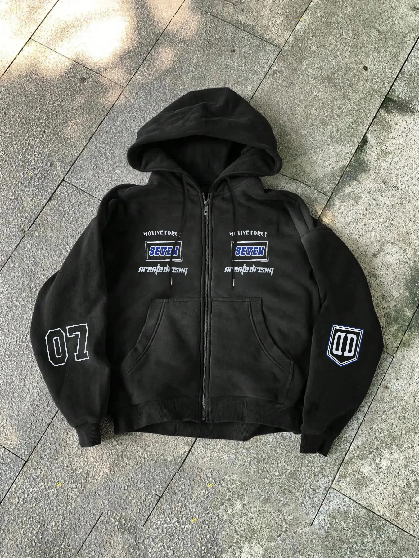 Seven 07 Zipper Hoodie Unisex Streetwear, Blue Graphic, Fitted Long Sleeve, Thick Fabric for Fall Winter, Casual