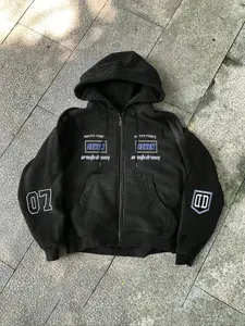 Seven 07 Zipper Hoodie Unisex Streetwear, Blue Graphic, Fitted Long Sleeve, Thick Fabric for Fall Winter, Casual