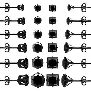 ONESING 12 Pairs Black Stud Earrings for Men, Round and Square Mens Earrings Stud Stainless Steel Mens Black Earrings for Multiple Piercings 3-8mm