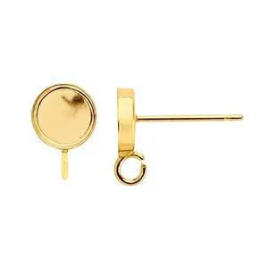 Yellow Gold-Filled Round Cabochon Post Earring Mounting with Open Ring