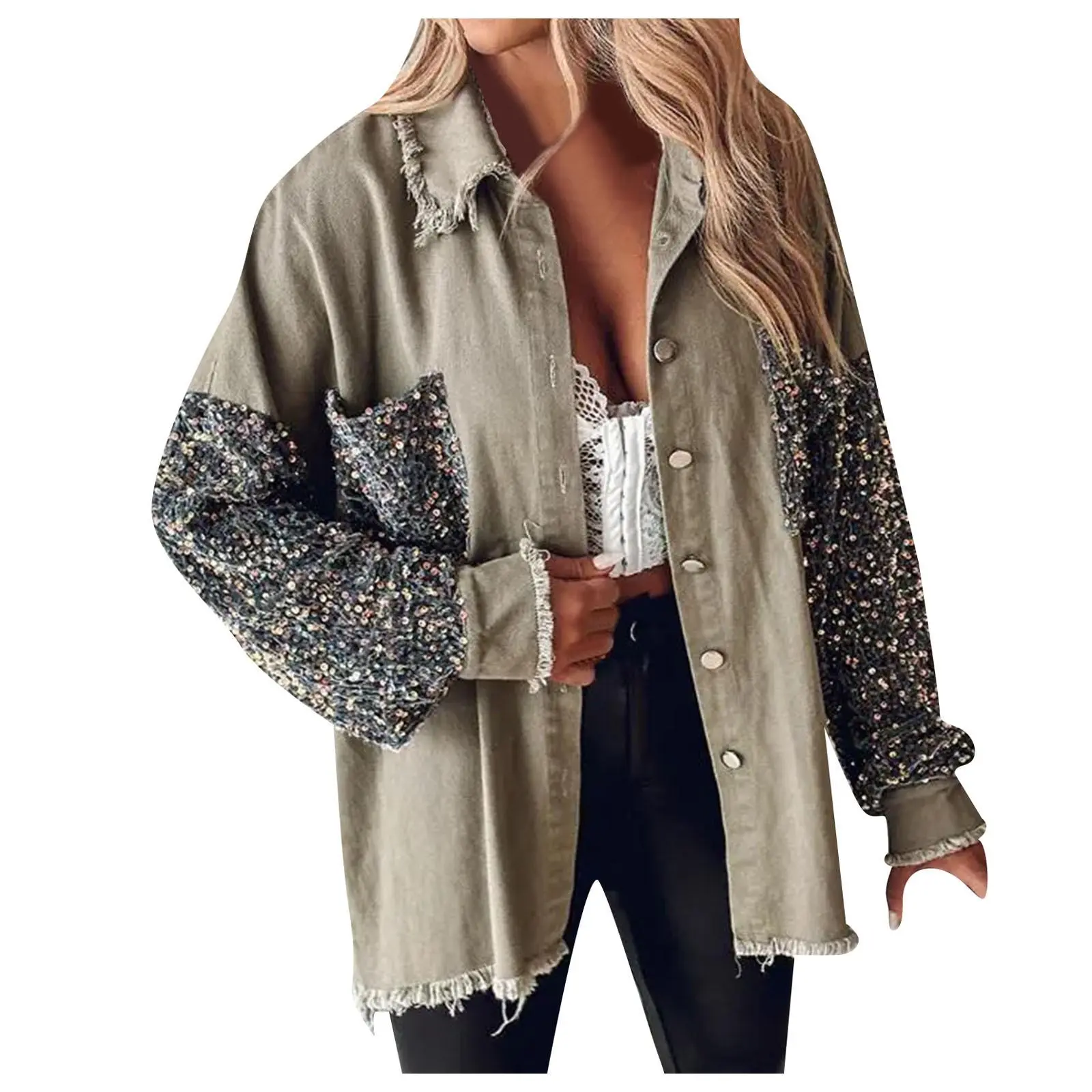 Fashion Women Sequined Jackets Oversized Dropped Shoulder Raw Edge Hem Shacket American Retro High Street Hip Hop Y2k Coats
