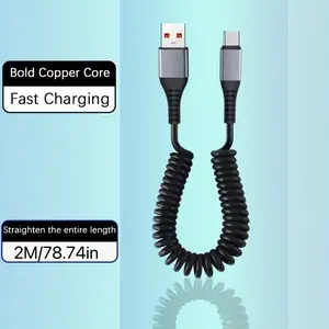 6a Super Fast Charging USB to Type-C Data Cable, Extensible Spring Design, Car Navigation 120w, Anti-Freeze Charge Line Up to 78.74 Inches