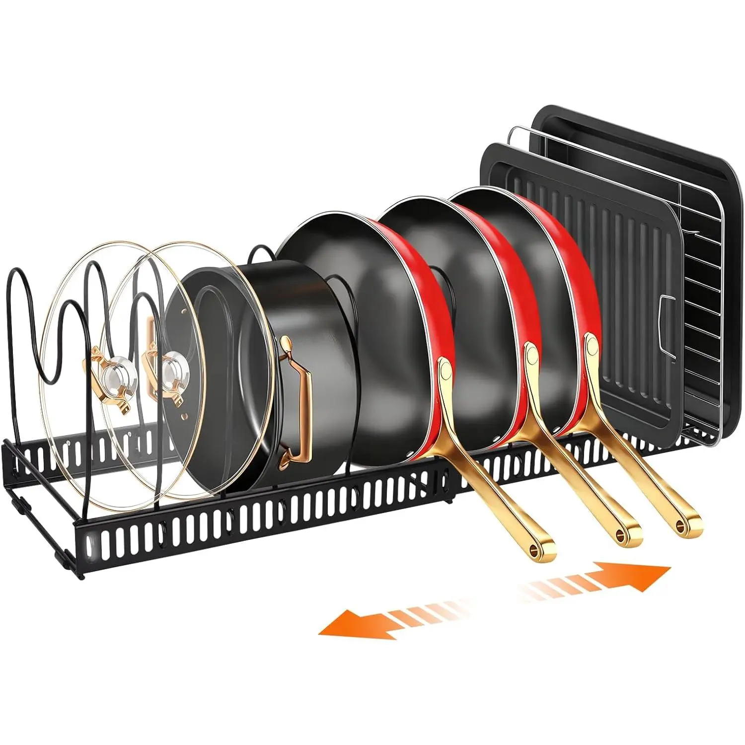 Expandable 11.81''-22.85'' Pots and Pans Organizer for Under Cabinet, 13 Adjustable Compartments Pot Lid Pan Rack for Cabinet Drawer Countertop, Ideal for Bakeware Cutting Board Storage