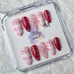 TiTinails Pink Plaid Press On Nails| Almond Shape| Pearl & Floral Accent| 100% Handmade 10pc Reusable Set