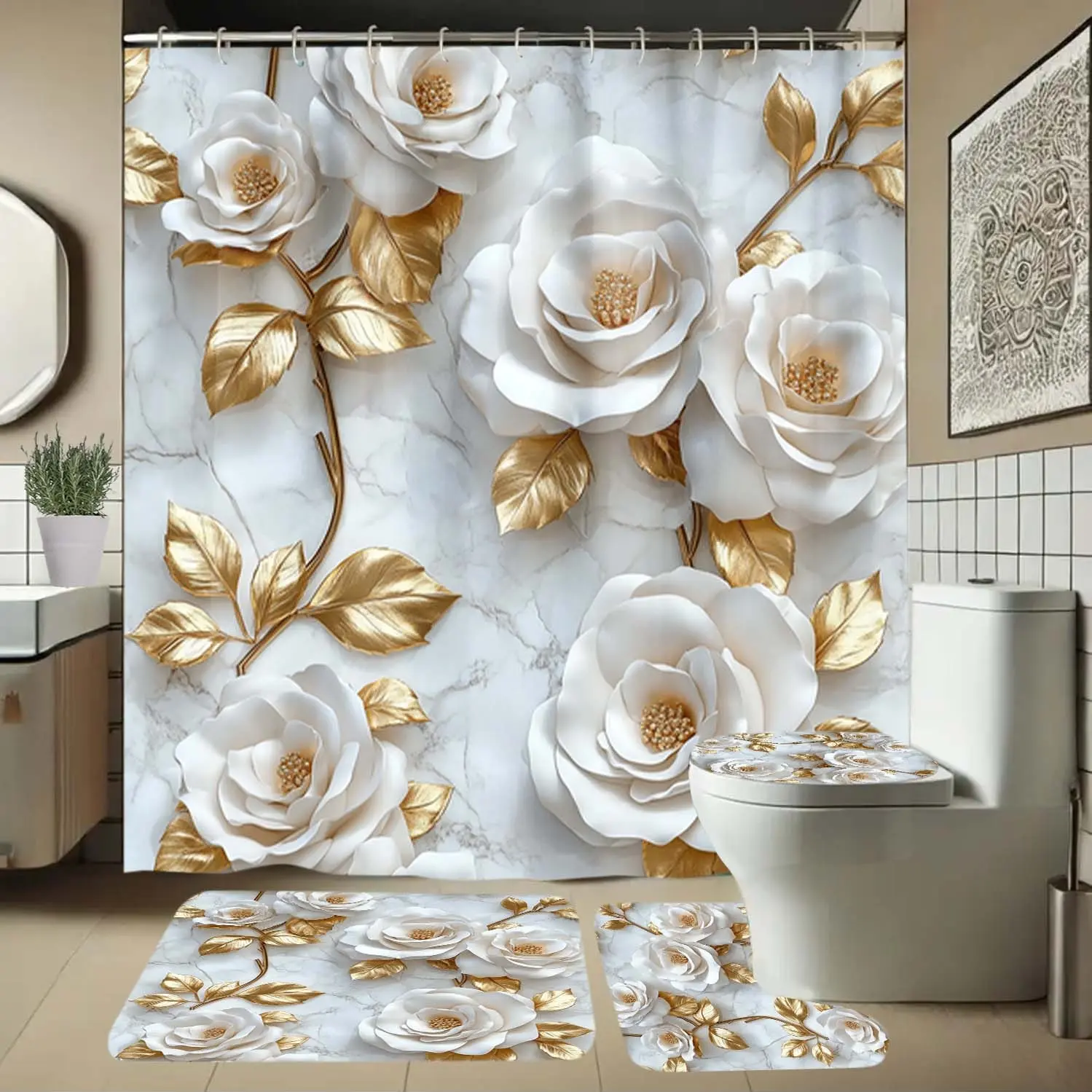 Elegant Bathroom Decor Set, Includes Floral Pattern Shower Curtain, U-Shaped Toilet Pad, Lid Cover, Long Rectangle Mat, 1/4 Piece, Bathroom Decoration Accessories, Bathroom Accessory, Bathroom Decor And Accessories