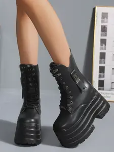 Women's 19CM Total Height (8CM Hidden Insole+11CM Heel) Comfortable Platform Ankle Boots | Y2K Sweet Cool Gothic Style | PU Leather, Lace Up, Non-Slip Sole | For Daily, Date, Festival, Streetwear Trendy Boots