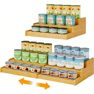 Expandable Bamboo Can Storage Display for Pantry, Easy-Access 3-Tier Adjustable Can Organizer Shelf for Cabinets, Canned Goods & Food Storage, Soda Can Organizer Holds Up to 24 Cans (Patent Pending)