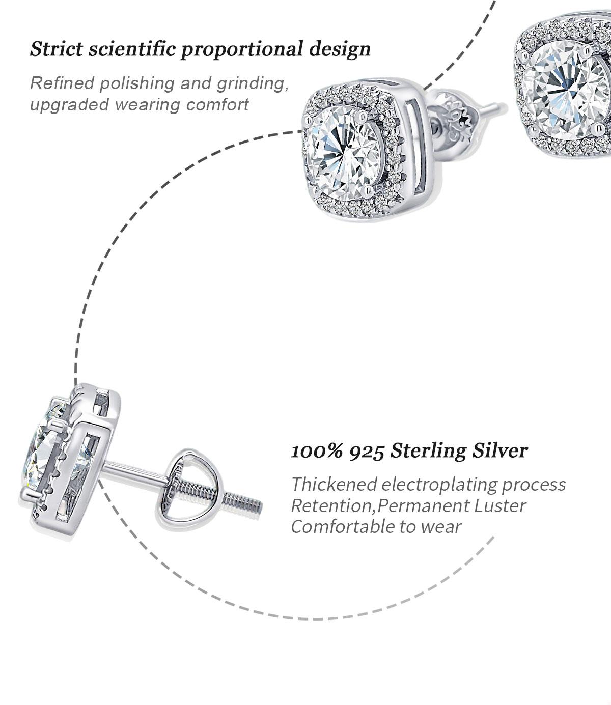 【Square Halo Stud Earrings】S925 Sterling Silver Platinum-Plated D Color VVS1 Moissanite Earrings, 0.6/1/2CT (0.5+0.5CT Option) 4/5/6.5mm, for Adult Male & Female Wedding Gift, Shining Earrings, Adults