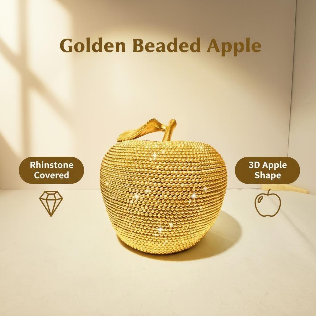 Luxury Golden Beaded Apple Decor | Bling Beaded Fruit Sculpture for Glam Home Office & Wedding Tabletop