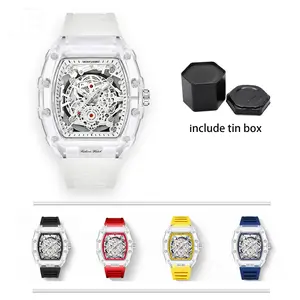 Men's Luxury Transparent Waterproof Barrel-Shaped Tonneau Skeleton Quartz Watch with Calendar Display Luminous Markers Water Resistant Wristwatch for Daily Party Outdoor Use Great Birthday Gift Idea with Tin Box Included & Bracelet