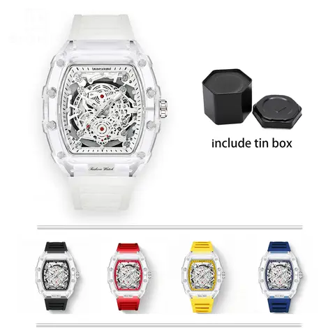 Men's Luxury Silicone Bracelet Barrel-Tonneau Analog Skeleton Dial Quartz Watch, 30M-50M Waterproof, Calendar Display, Luminous Night Read, Lowlight Glow, Translucent, Tin Box, Men's Accessories, Gifts Adults (Daily/Party Use) Collectible Fashion Watch