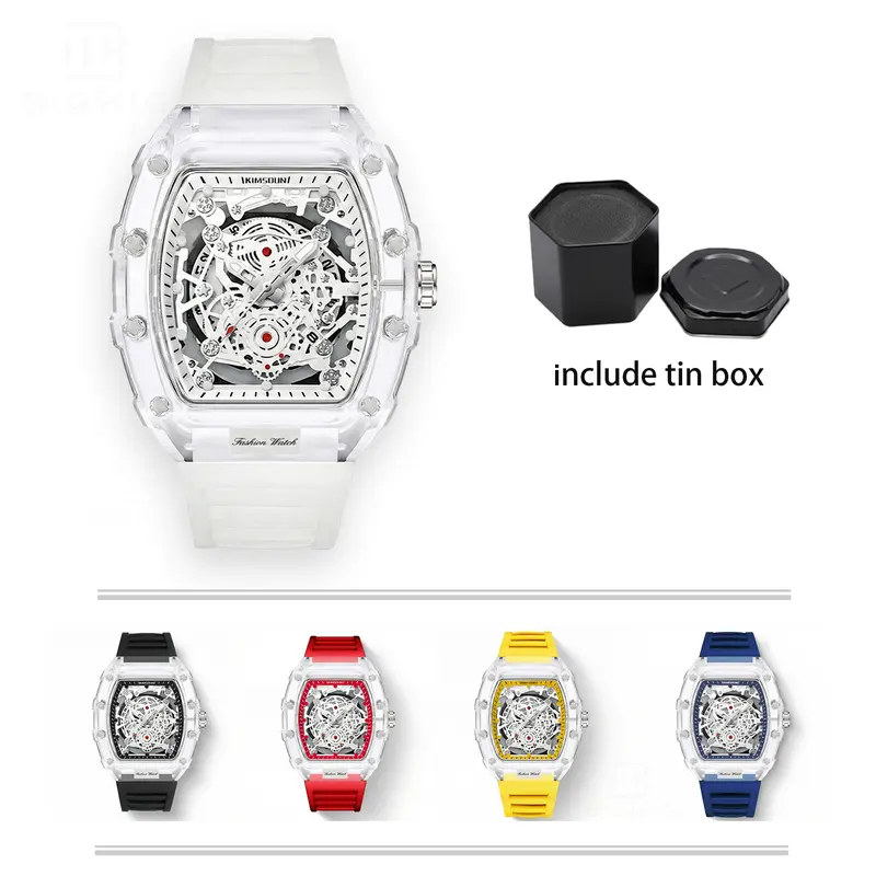 Men's Luxury Transparent Waterproof Barrel-Shaped Tonneau Skeleton Quartz Watch with Calendar Display Luminous Markers Water Resistant Wristwatch for Daily Party Outdoor Use Great Birthday Gift Idea with Tin Box Included & Bracelet