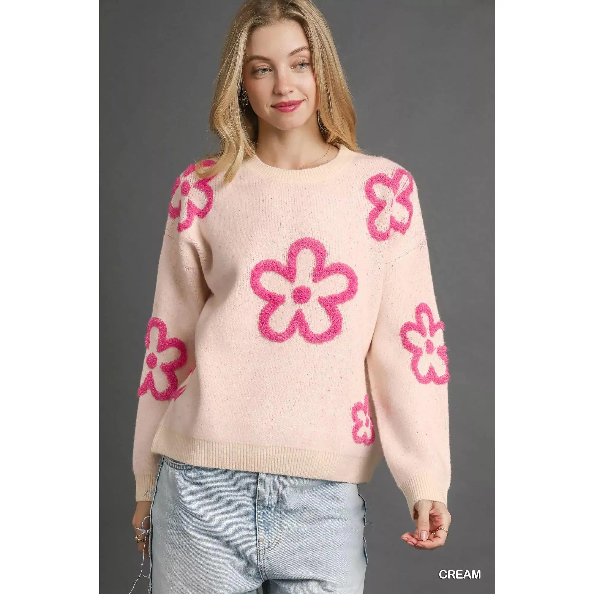 Umgee Round Neck Sweater with Pink Floral Accents