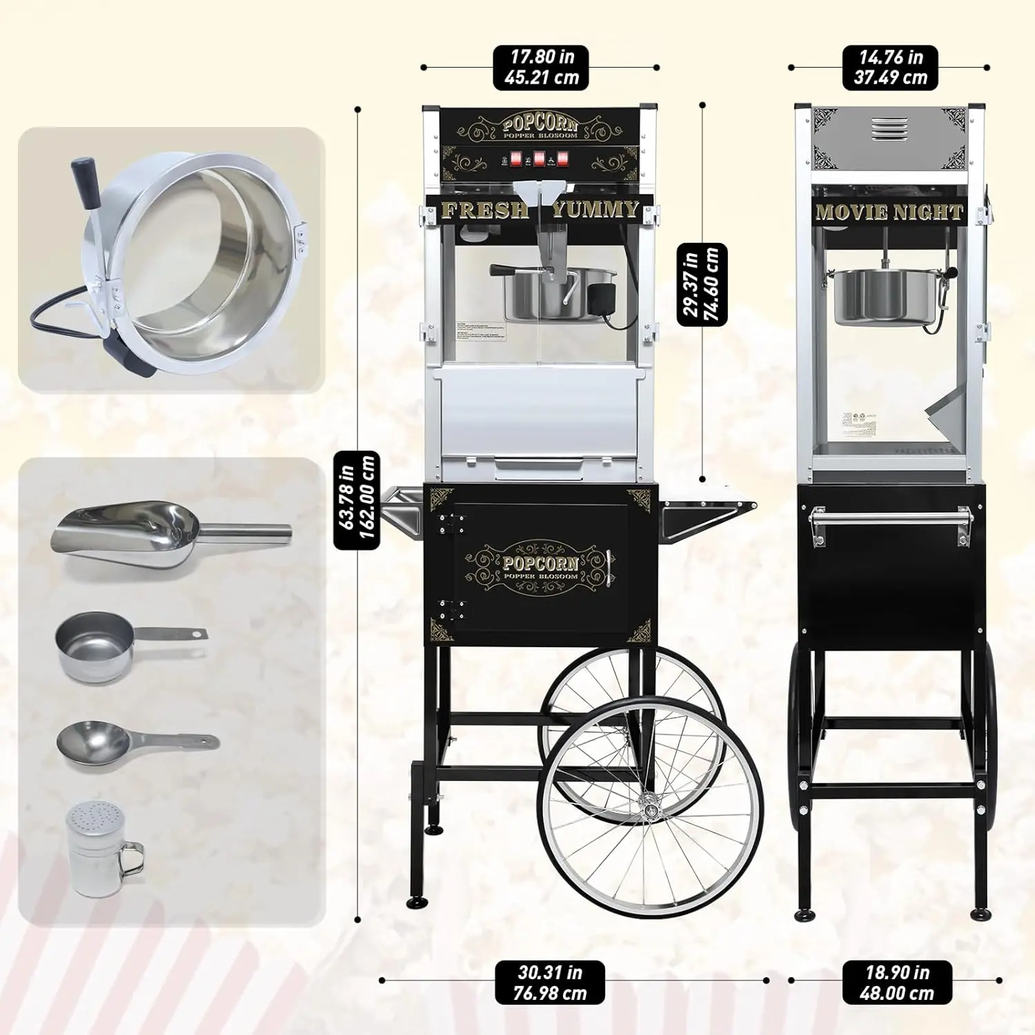 20 oz Commercial Stainless Steel Popcorn Machine Cart - Sleek Black Maker with Non-Stick Kettle, Glass Lid, Storage Stand, Wheels, Convenient Reject Kernel Tray for Home Theaters, Concession Stands (80 Cups Capacity)