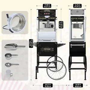 20 oz Commercial Popcorn Machine Cart - Sleek Black Popcorn Maker with Storage Stand and Wheels for Home Theaters, Parties and Concession Stands