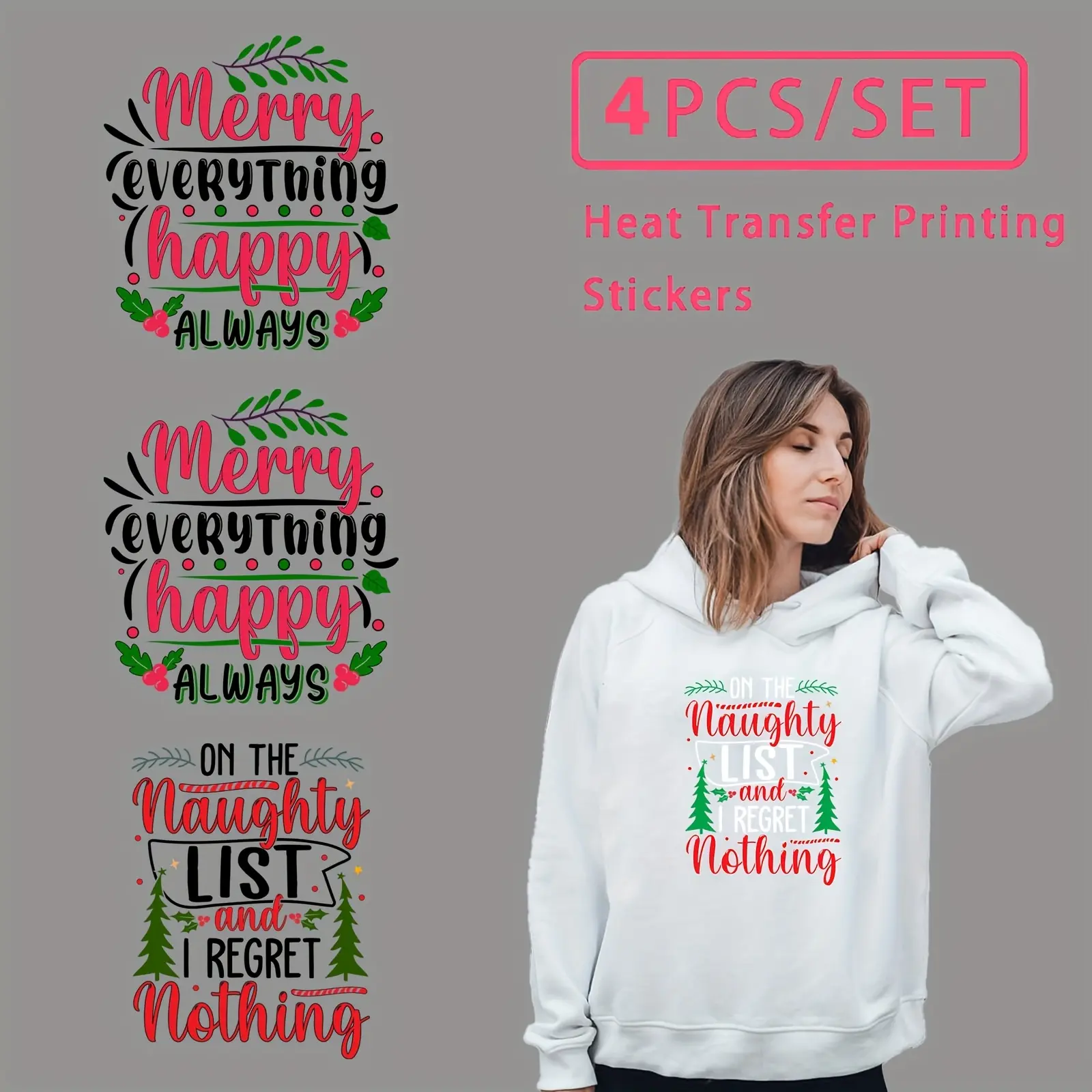 4 Piece Christmas Heat Transfer Patches, Fun Font Artistic Holiday Design, DIY Clothing, T-Shirts, Jeans, Backpacks, Pillows, Hoodies