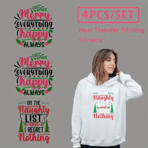 4 Piece Christmas Heat Transfer Patches, Fun Font Artistic Holiday Design, DIY Clothing, T-Shirts, Jeans, Backpacks, Pillows, Hoodies