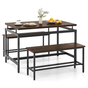 COSTWAY - 3 Pieces Dining Table Set with Wooden Kitchen Table and 2 Benches-Brown