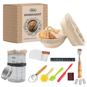 NEW Sourdough Starter Kit, Set of 2 10 inch Banneton basket, Sour dough Baking Supplies with lame, dutch whisk, and 1000 mL sourdough starter fermentation jar