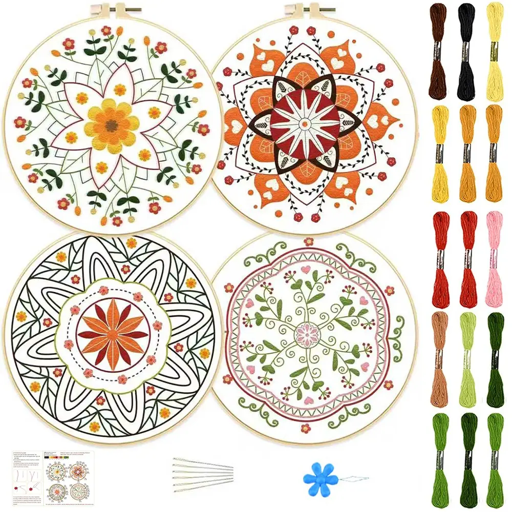 Mandala Embroidery DIY Kit, Embroidery Design Set, 4-Piece Set for Beginners, Includes Fabric, Thread, Tools, Instructions, Perfect for Craft Lovers