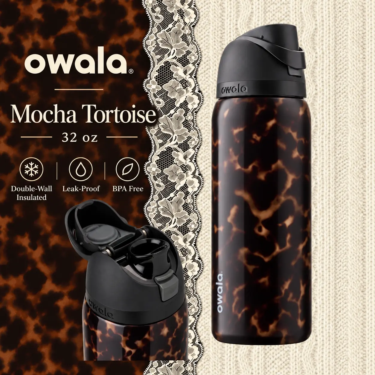 Owala Mocha Tortoise 32oz FreeSip Water Bottle, Insulated Tumbler