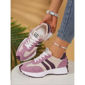 Women’s colorblock retro dad shoes, new “Stay Real” letter casual sneakers, soft sole breathable sports footwear, trendy fashion sneaker